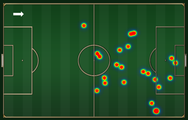 Mapa de calor de Jô, responsável pelos dois primeiros gols do Brasil contra a Austrália