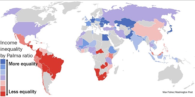 Mapa das diferenças sociais publicado pelo jornal Washington Post: quanto mais vermelho, maior o abismo