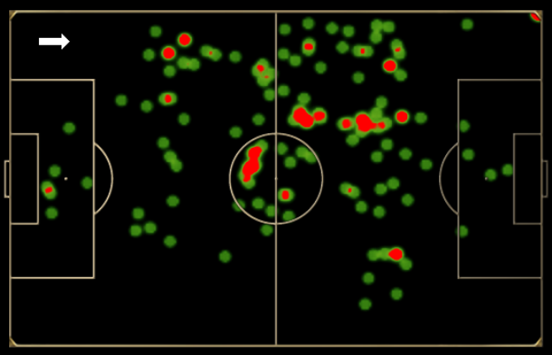 Mapa de toques de Wayne Rooney contra Newcastle e Tottenham: meia que prefere o lado esquerdo, mas com forte presença entre as intermediárias.