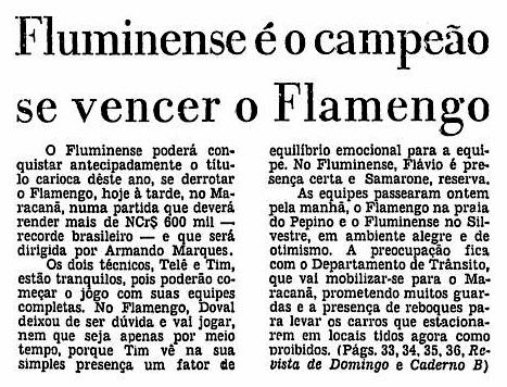 Nota de capa do JB sobre o Fla-Flu que pode decidir o campeonato