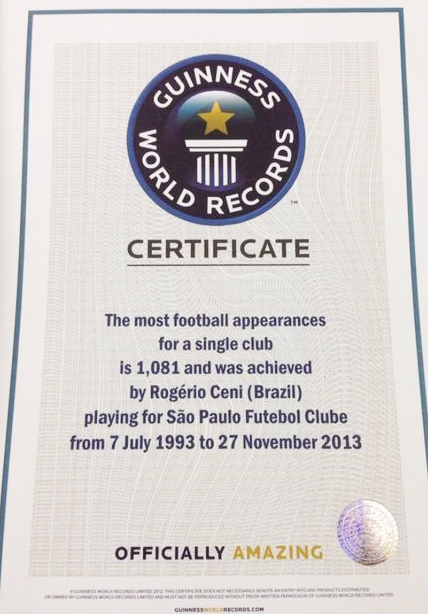 Rogério Ceni Certificado Guinness Book Livro Recordes