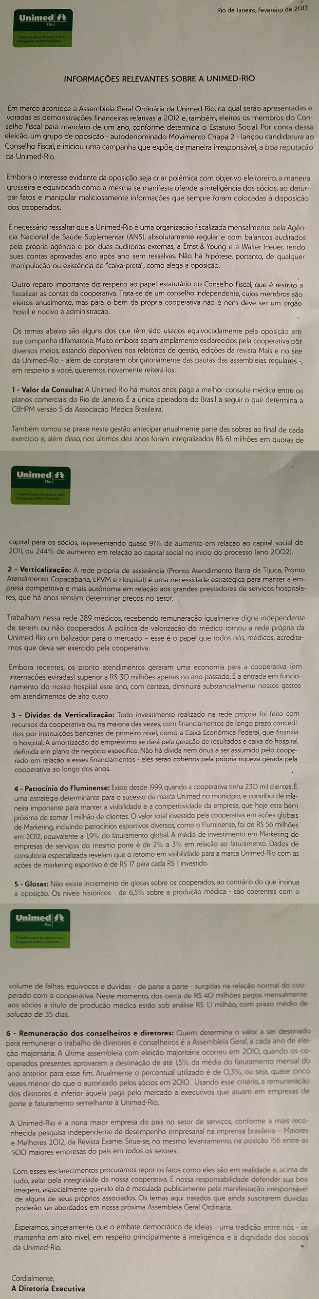 Íntegra da carta da Diretoria Executiva da Unimed enviada aos cooperados