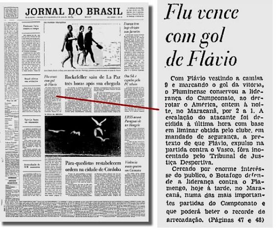 Capa do JB de domingo, detalhe sobre a vitória do Fluminense com gol de Flavio: liminar