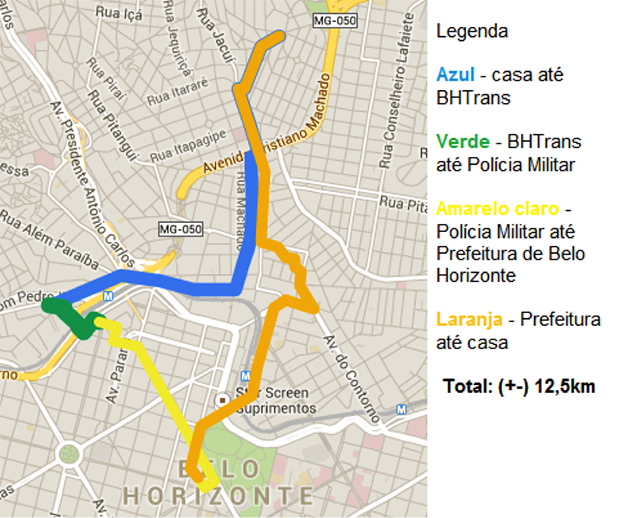 O trajeto feito está demonstrado no mapa e teve duração, com as paradas, de 1h15min. O trajeto feito está demonstrado no mapa e teve duração, com as paradas, de 1h15min.