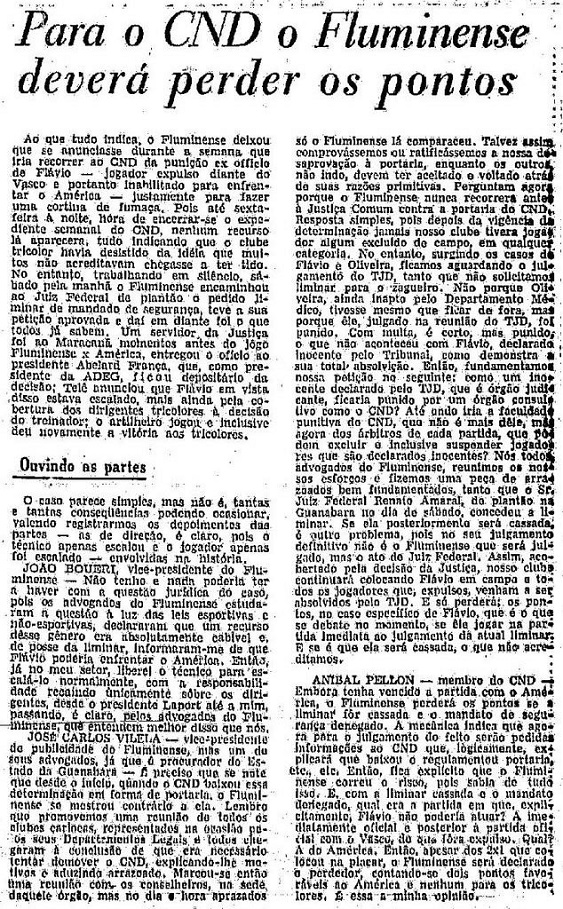 Detalhe da página de O Globo com matéria sobre CND: pedido de liminar no sábado, horas antes do jogo Detalhe da página de O Globo com matéria sobre CND: pedido de liminar no sábado, horas antes do jogo