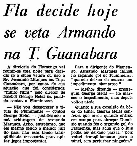 Fla pensando se veta o árbitro Armando Marques, no JB Fla pensando se veta o árbitro Armando Marques, no JB