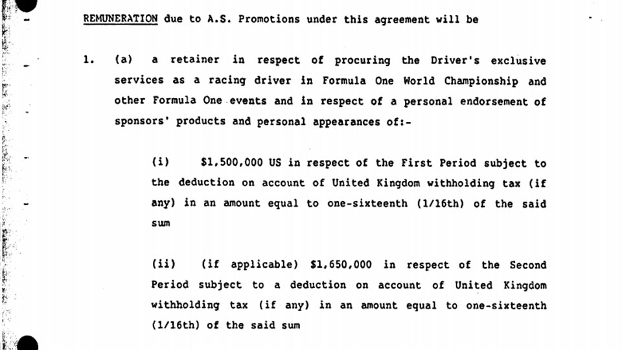 Salário de Ayrton Senna em 1987 era de US$ 1,5 milhão segundo os documentos Salário de Ayrton Senna em 1987 era de US$ 1,5 milhão segundo os documentos