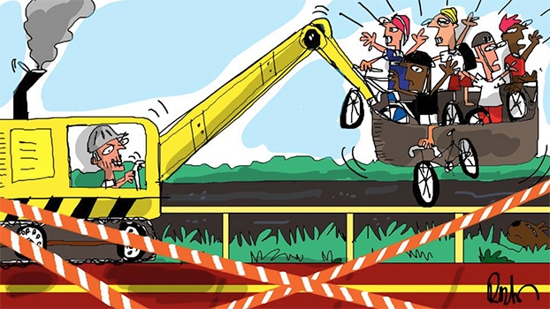Ciclistas sem opção: Ciclovia interditada por 2 anos! | Arte de Reynaldo Berto Ciclistas sem opção: Ciclovia interditada por 2 anos! | Arte de Reynaldo Berto