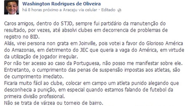 Washington Rodrigues de Oliveira se manifestou sobre o caso Lusa antes de ser convocado pelo STJD