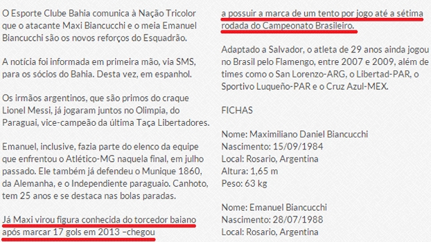 Bahia ignorou o 'passado rubro-negro' de Maxi Biancucchi em seu site