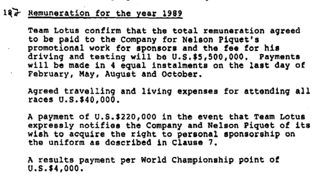Salário de Piquet em 1989: com todos os benefícios e bônus, US$ 5 milhões Salário de Piquet em 1989: com todos os benefícios e bônus, US$ 5 milhões