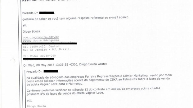 A - Troca de e-mails de maio deste ano entre advogado de Gilmar e o Palmeiras