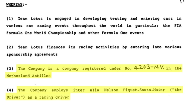 Contrato de Nelson Piquet com a Lotus mostra empresa em Curcaçao, nas Antilhas Holandesas Contrato de Nelson Piquet com a Lotus mostra empresa em Curcaçao, nas Antilhas Holandesas