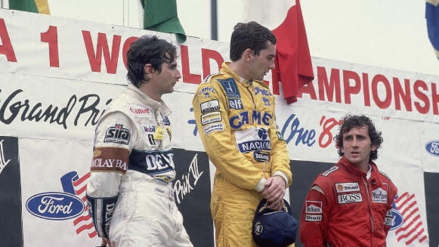 Piquet e Senna com Alain Prost no pódio do GP de Detroit, em 1987 Piquet e Senna com Alain Prost no pódio do GP de Detroit, em 1987
