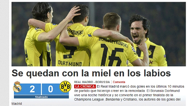'Mundo Deportivo' estampou foto do Dortmund e disse que Real caiu com mel nos lábios 'Mundo Deportivo' estampou foto do Dortmund e disse que Real caiu com mel nos lábios
