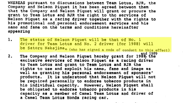 Trecho do contrato que mostra os privilégios de Nelson Piquet na Lotus Trecho do contrato que mostra os privilégios de Nelson Piquet na Lotus
