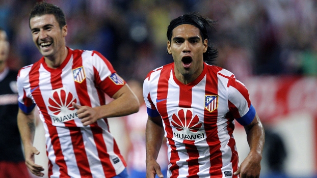 Falcao comemora um de seus gols na vitória sobre o Athletic Bilbao Falcao comemora um de seus gols na vitória sobre o Athletic Bilbao