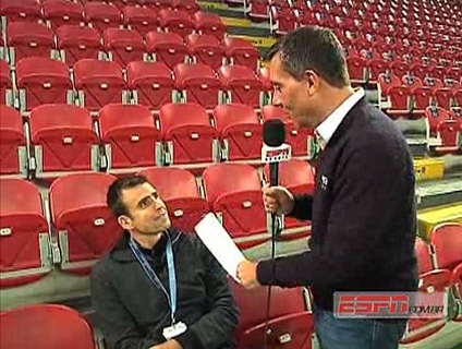 Paulo Cal&ccedil;ade mostra os preparativos da equipe dos canais ESPN para Milan e Barcelona