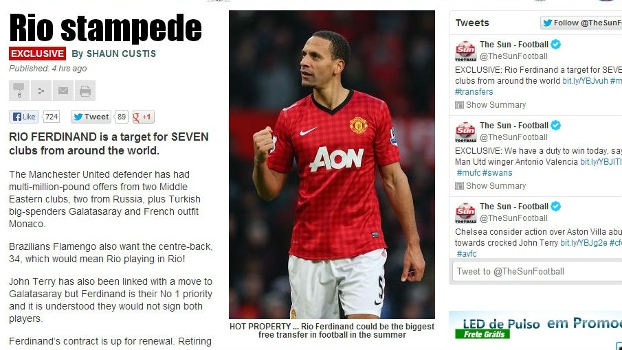 Tabloide inglês diz que Ferdinand está na mira do Flamengo: Rio no Rio!